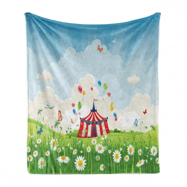 Multicolor 60 x 80 Travelling Circus Under Blue Sky Flowers Flying Butterflies Lawn in Grassland Print Cozy Plush for Indoor and Outdoor Use Ambesonne Circus Soft Flannel Fleece Throw Blanket 